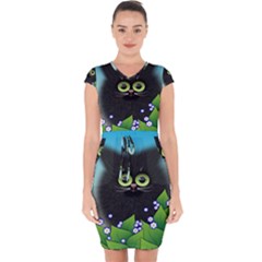 Kitten Black Furry Illustration Capsleeve Drawstring Dress  by Sapixe