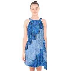 Texture Surface Blue Shapes Halter Collar Waist Tie Chiffon Dress by HermanTelo