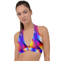 Abstract Blue Background Colorful Pattern Halter Plunge Bikini Top by Bajindul
