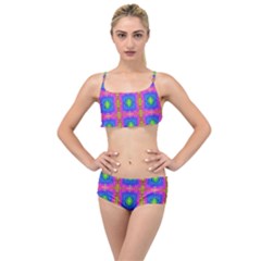 Groovy Pink Blue Yellow Square Pattern Layered Top Bikini Set by BrightVibesDesign