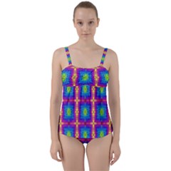 Groovy Blue Pink Yellow Square Pattern Twist Front Tankini Set by BrightVibesDesign