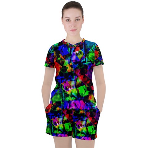 Multicolored Abstract Print Women s Tee And Shorts Set by dflcprintsclothing