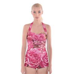 Roses Noble Roses Romantic Pink Boyleg Halter Swimsuit  by Pakrebo