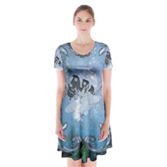 Surfboard With Dolphin Short Sleeve V-neck Flare Dress by FantasyWorld7