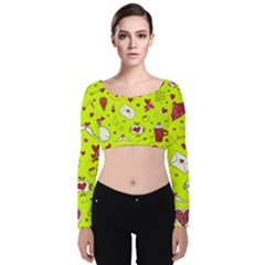 Valentin s Day Love Hearts Pattern Red Pink Green Velvet Long Sleeve Crop Top by EDDArt