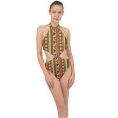Traditional Africa Border Wallpaper Pattern Colored 4 Halter Side Cut Swimsuit by EDDArt