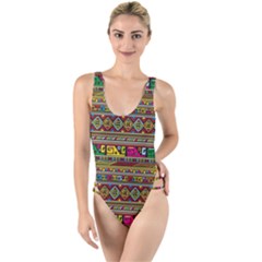 Traditional Africa Border Wallpaper Pattern Colored High Leg Strappy Swimsuit by EDDArt