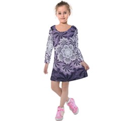 Fractal Floral Striped Lavender Kids  Long Sleeve Velvet Dress by Pakrebo