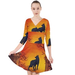 Wonderful Wolf In The Night Quarter Sleeve Front Wrap Dress by FantasyWorld7