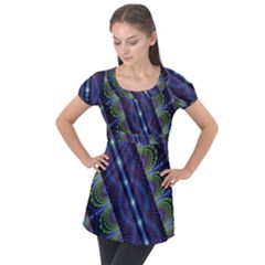Fractal Blue Lines Colorful Puff Sleeve Tunic Top