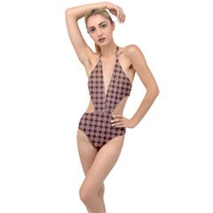 Brown Tiles Leaves Wallpaper Plunging Cut Out Swimsuit by Pakrebo