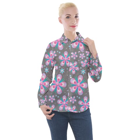 Seamless Pattern Flowers Pink Women s Long Sleeve Pocket Shirt by Pakrebo