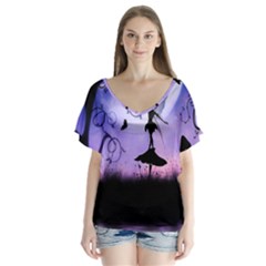 Cute Fairy Dancing In The Night V-neck Flutter Sleeve Top by FantasyWorld7
