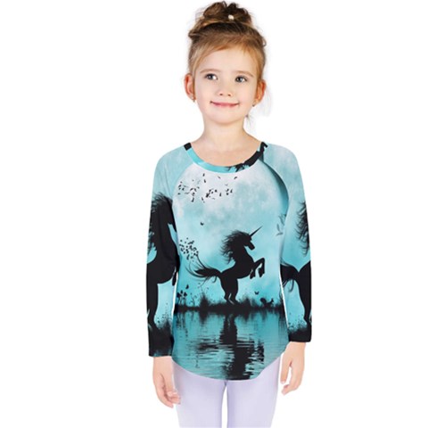 Wonderful Unicorn Silhouette In The Night Kids  Long Sleeve Tee by FantasyWorld7