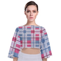 Fabric Textile Plaid Tie Back Butterfly Sleeve Chiffon Top by HermanTelo