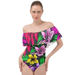 Hibiscus Flower Plant Tropical Off Shoulder Velour Bodysuit  by Simbadda
