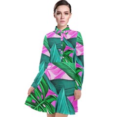 Tropical Greens Monstera Summer Long Sleeve Chiffon Shirt Dress by Simbadda