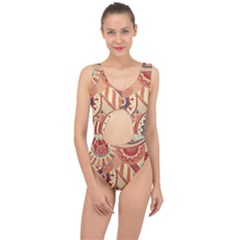 Pop Art Paisley Flowers Ornaments Multicolored 4 Background Solid Dark Red Center Cut Out Swimsuit by EDDArt