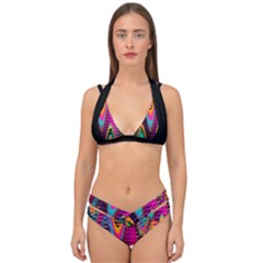 Multicolored Wave Distortion Zigzag Chevrons 2 Background Color Solid Black Double Strap Halter Bikini Set by EDDArt