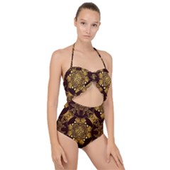 Gold Black Book Cover Ornate Scallop Top Cut Out Swimsuit by Pakrebo