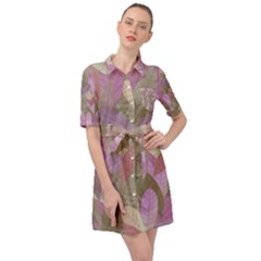 Watercolor Leaves Pattern Belted Shirt Dress