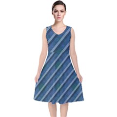 Blue Stripped Pattern V-neck Midi Sleeveless Dress  by designsbyamerianna