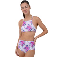 Blue Flowers On Pink High Waist Tankini Set by bloomingvinedesign