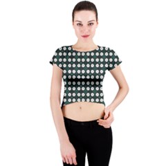 White Flower Pattern On Green Black Crew Neck Crop Top by BrightVibesDesign