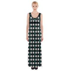White Flower Pattern On Green Black Thigh Split Maxi Dress by BrightVibesDesign