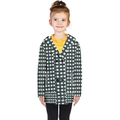 White Flower Pattern On Green Black Kids  Double Breasted Button Coat by BrightVibesDesign