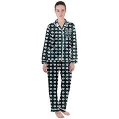 White Flower Pattern On Green Black Satin Long Sleeve Pyjamas Set by BrightVibesDesign