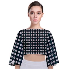 White Flower Pattern On Green Black Tie Back Butterfly Sleeve Chiffon Top by BrightVibesDesign