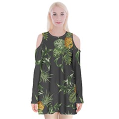 Pineapples Pattern Velvet Long Sleeve Shoulder Cutout Dress by Sobalvarro