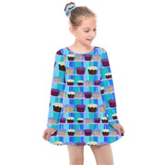 Cupcakes Pattern Kids  Long Sleeve Dress by bloomingvinedesign