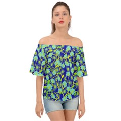 Indigo Teal Yellow Spring Flora     Off Shoulder Short Sleeve Top by 1dsign