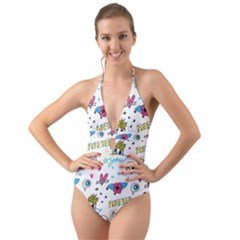 Emo Teens Doodle Seamless Halter Cut-out One Piece Swimsuit
