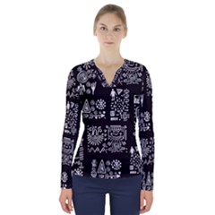 Vector Pattern Design With Tribal Elements V-neck Long Sleeve Top by Vaneshart