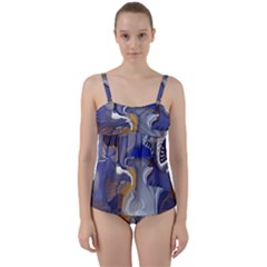 Cobalt Blue Silver Orange Wavy Lines Abstract Twist Front Tankini Set by CrypticFragmentsDesign