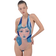 Blue Girl Backless Halter One Piece Swimsuit by CKArtCreations