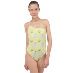 Lemonade Polkadots Classic One Shoulder Swimsuit by bloomingvinedesign