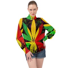 Cannabis Leaf Color High Neck Long Sleeve Chiffon Top by Vaneshart
