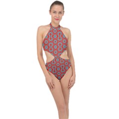 Seamless Geometric Pattern In A Red Halter Side Cut Swimsuit by Vaneshart