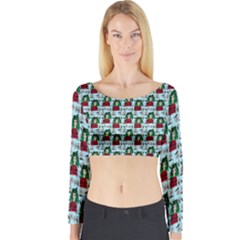 Girl With Green Hair Pattern Blue Floral Long Sleeve Crop Top