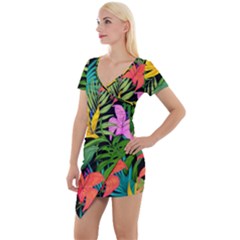 Tropical Greens Short Sleeve Asymmetric Mini Dress by Sobalvarro