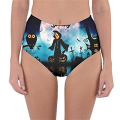 Funny Halloween Design With Skeleton, Pumpkin And Owl Reversible High-waist Bikini Bottoms by FantasyWorld7