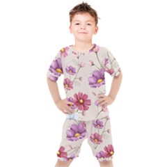 Vector Hand Drawn Cosmos Flower Pattern Kids  Tee And Shorts Set by Sobalvarro