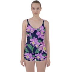Vector Hand Drawn Orchid Flower Pattern Tie Front Two Piece Tankini by Sobalvarro