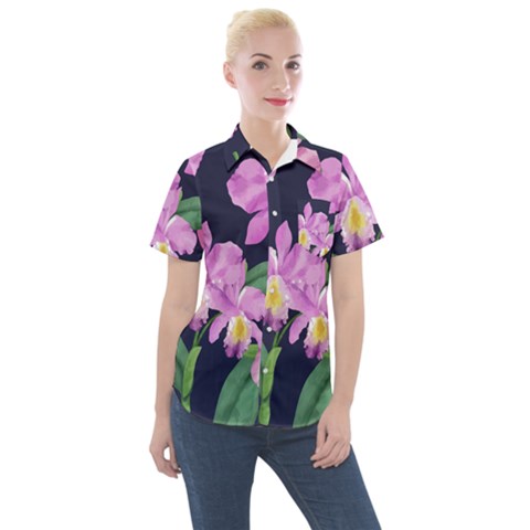 Vector Hand Drawn Orchid Flower Pattern Women s Short Sleeve Pocket Shirt by Sobalvarro