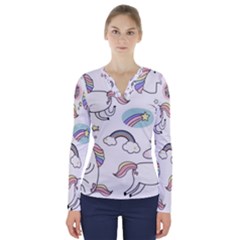 Cute Unicorns With Magical Elements Vector V-neck Long Sleeve Top by Sobalvarro