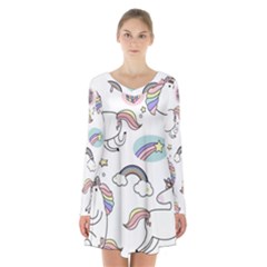 Cute Unicorns With Magical Elements Vector Long Sleeve Velvet V-neck Dress by Sobalvarro